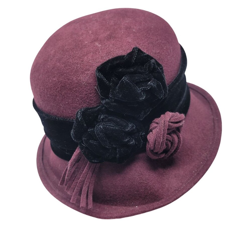 Soprattutto Wool Cloche Hat Purple Black Velvet Band Flower Tassel Italy Flapper